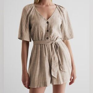 Express Linen-Blend Striped Button-Up Tie Waist Romper